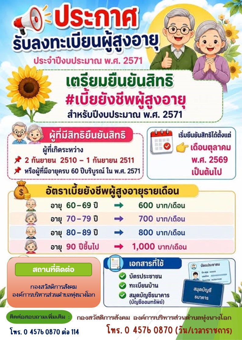 ประชาสัมพันธ์ การยืนยันสิทธิรับเบี้ยยังชีพผู้สูงอายุ ประจำปีงบประมาณ พ.ศ. 2571